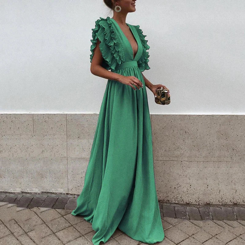 Arielle – Ruffle Sleeve Maxi Dress with Deep V-Neckline and Empire Waist