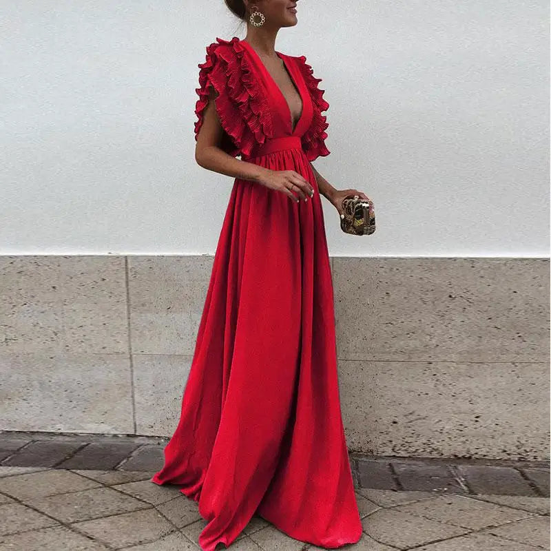 Arielle – Ruffle Sleeve Maxi Dress with Deep V-Neckline and Empire Waist