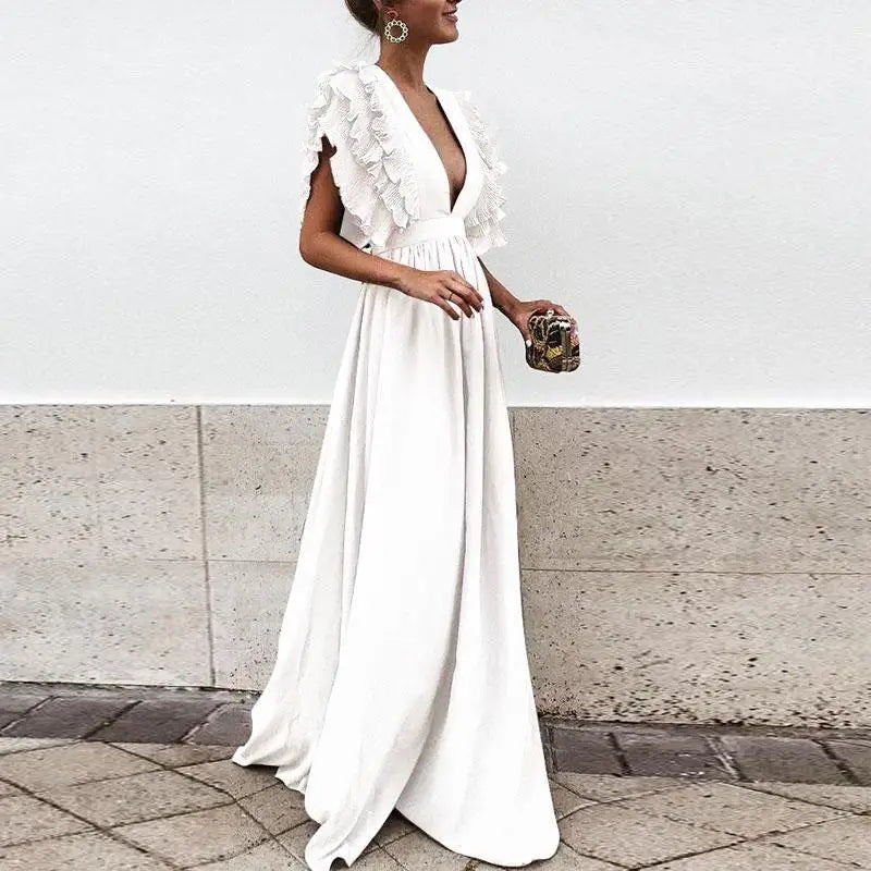 Arielle – Ruffle Sleeve Maxi Dress with Deep V-Neckline and Empire Waist