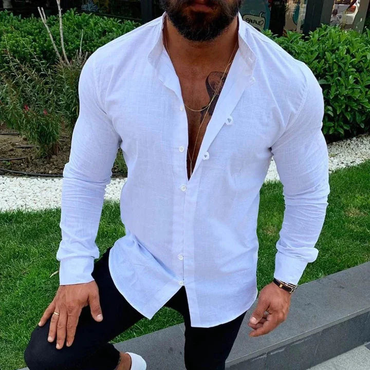 Asher – Slim-Fit Shirt with Deep V Placket and Long Sleeves