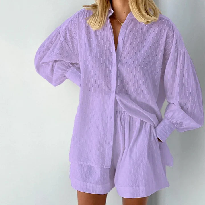 Audrey – Breezy Button-Down Shirt and Shorts Set with Relaxed Cut
