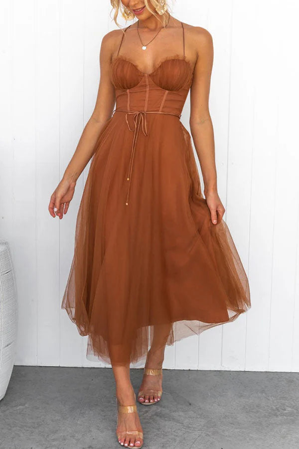 Aurora – Tulle Midi Dress with Corset Bodice and Spaghetti Straps
