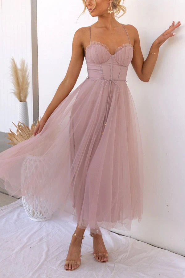Aurora – Tulle Midi Dress with Corset Bodice and Spaghetti Straps