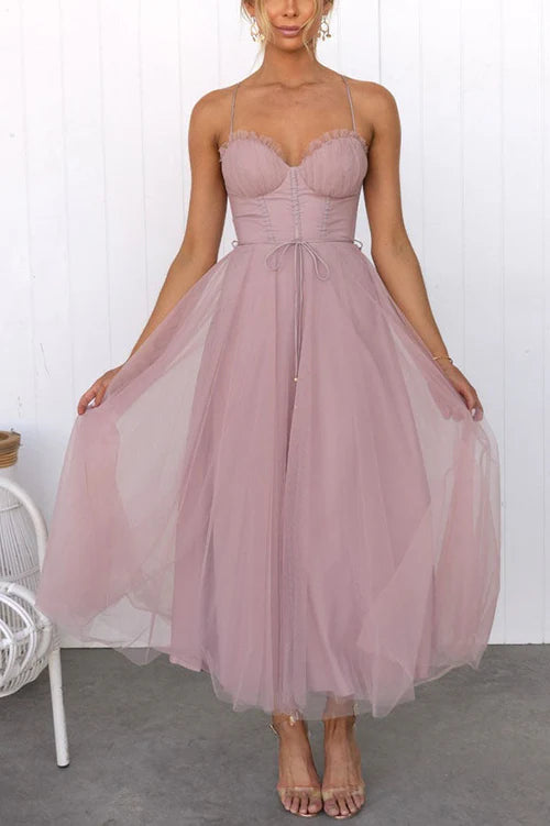 Aurora – Tulle Midi Dress with Corset Bodice and Spaghetti Straps