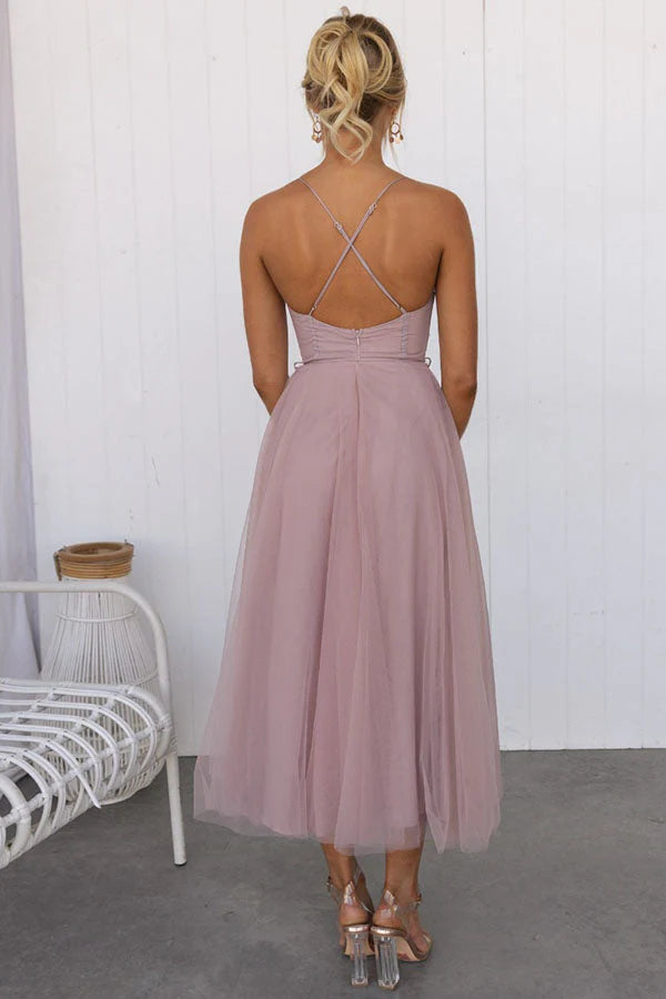 Aurora – Tulle Midi Dress with Corset Bodice and Spaghetti Straps
