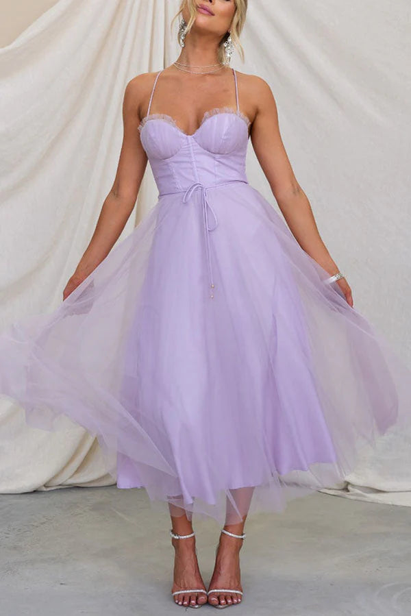 Aurora – Tulle Midi Dress with Corset Bodice and Spaghetti Straps