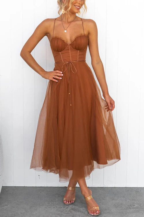Aurora – Tulle Midi Dress with Corset Bodice and Spaghetti Straps