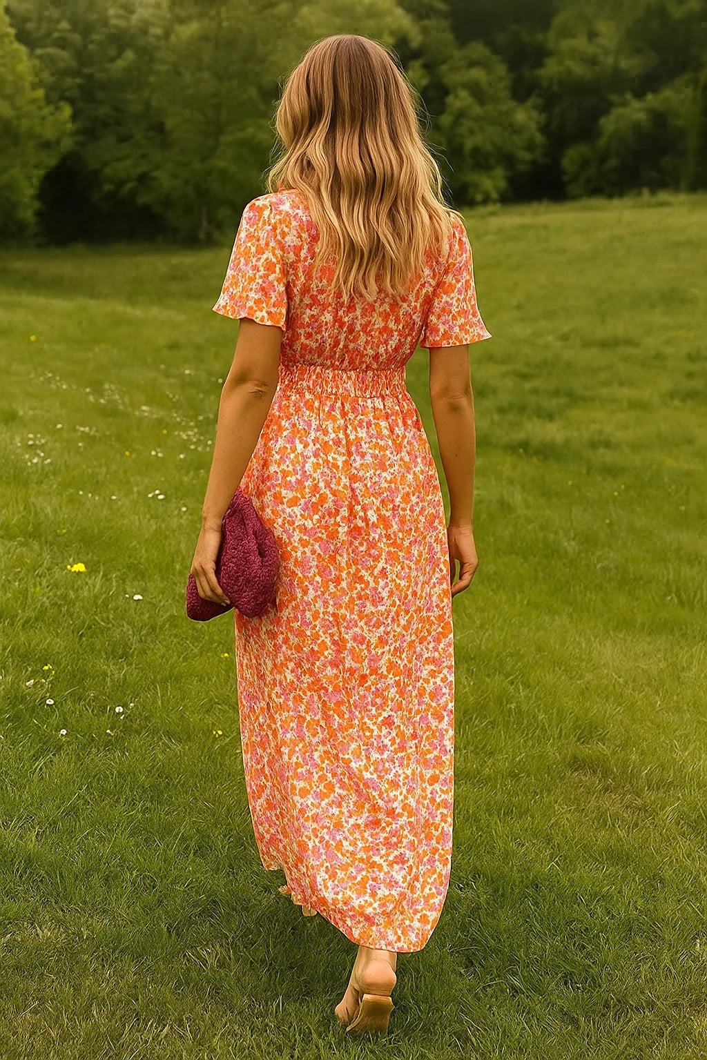 Ava - Floral Maxi Dress with Flutter Sleeves and Fitted Waist