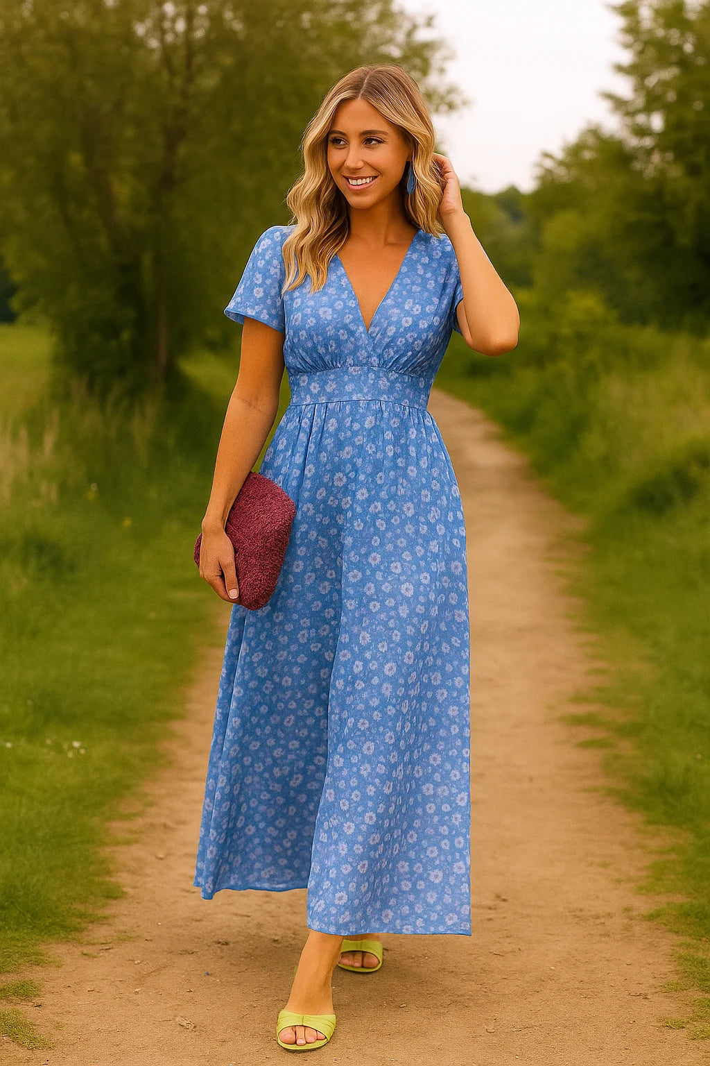 Ava - Floral Maxi Dress with Flutter Sleeves and Fitted Waist