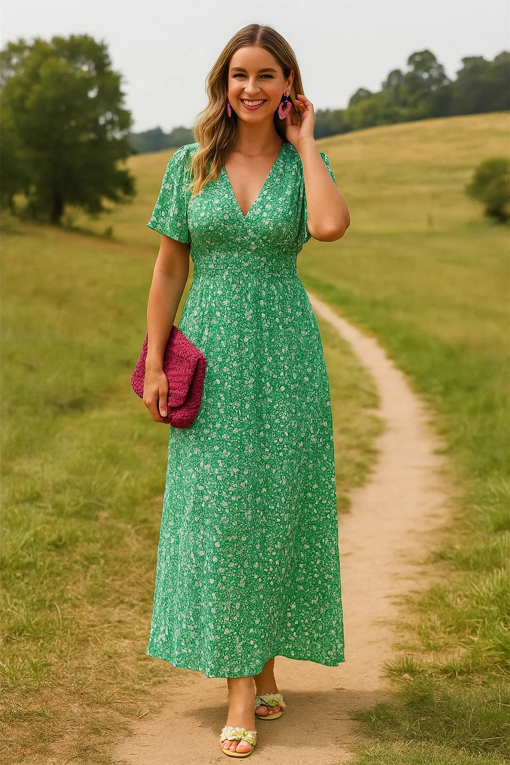 Ava - Floral Maxi Dress with Flutter Sleeves and Fitted Waist