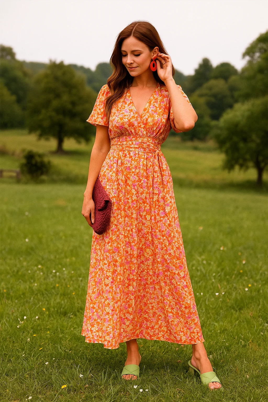 Ava - Floral Maxi Dress with Flutter Sleeves and Fitted Waist