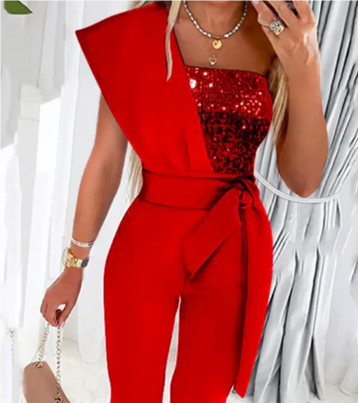 Avenya – One-Shoulder Jumpsuit with Structured Bow and Sequin Bodice