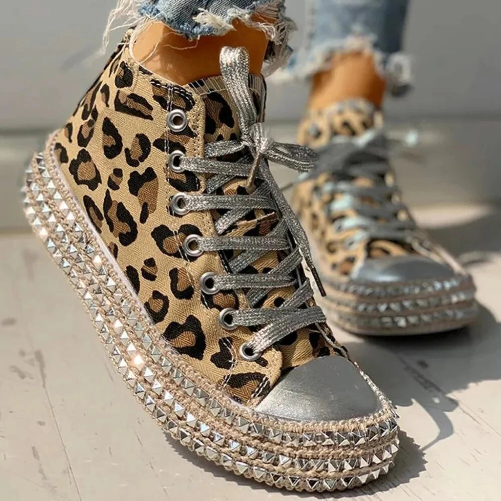 Brielle – High Top Sneakers with Studded Platform and Leopard Print