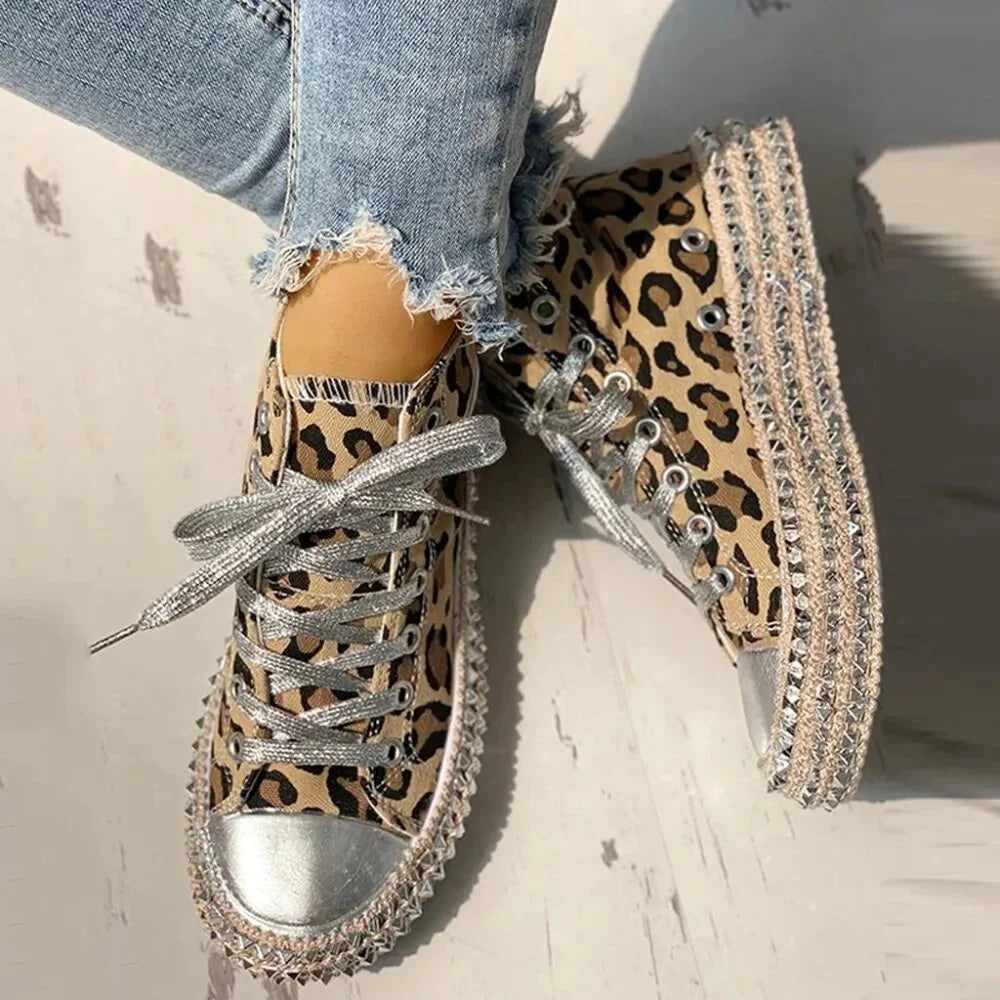 Brielle – High Top Sneakers with Studded Platform and Leopard Print