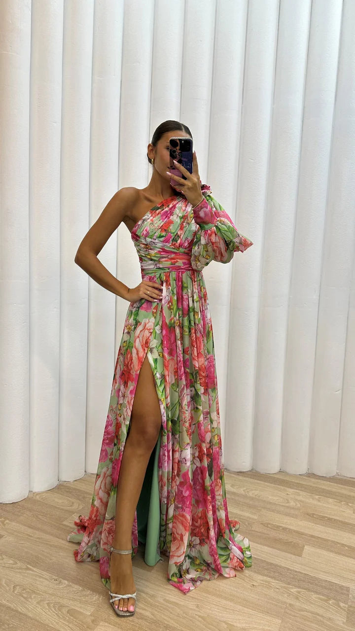 Camille – One-Shoulder Gown with Bold Floral Print and Thigh-High Slit