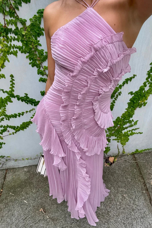 Cassandra - One Shoulder Ruffle Maxi Dress with Pleated Detailing