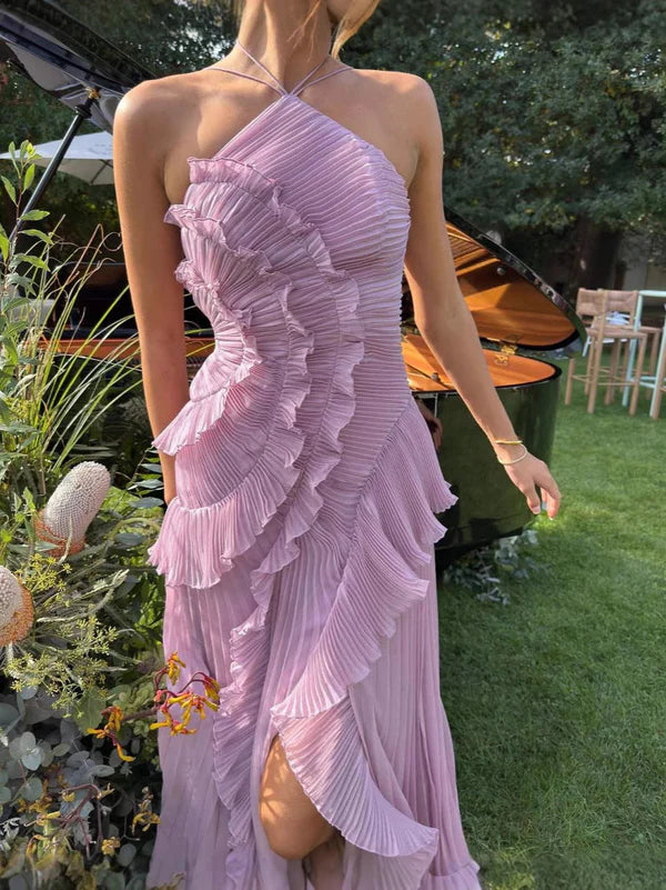 Cassandra - One Shoulder Ruffle Maxi Dress with Pleated Detailing