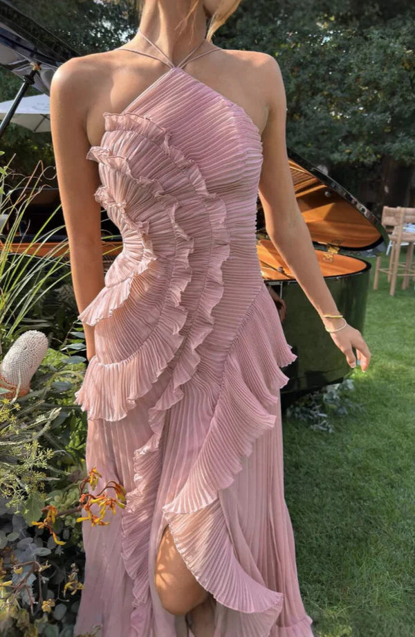 Cassandra - One Shoulder Ruffle Maxi Dress with Pleated Detailing