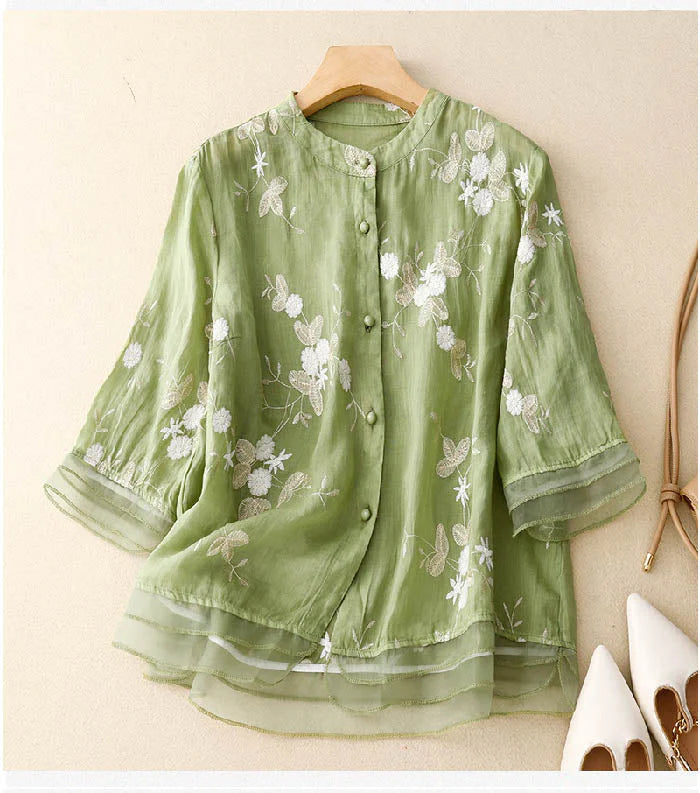 Celeste - Floral Embroidered Blouse with Tiered Hem