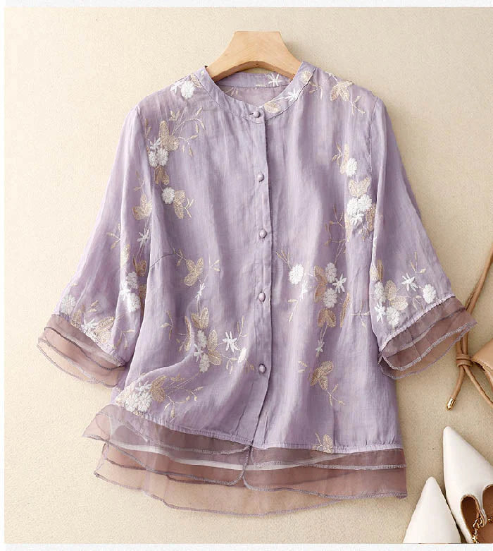 Celeste - Floral Embroidered Blouse with Tiered Hem