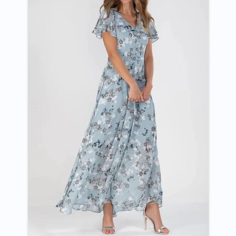 Charlotte – Floral Maxi Dress with Flutter Sleeves and V-Neckline