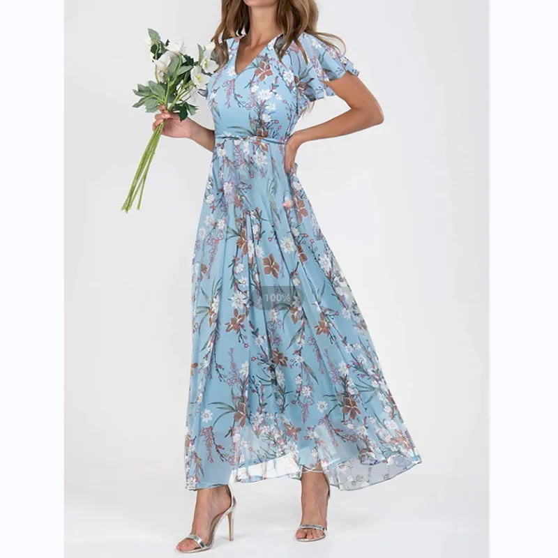 Charlotte – Floral Maxi Dress with Flutter Sleeves and V-Neckline