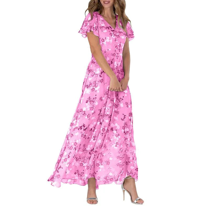 Charlotte – Floral Maxi Dress with Flutter Sleeves and V-Neckline
