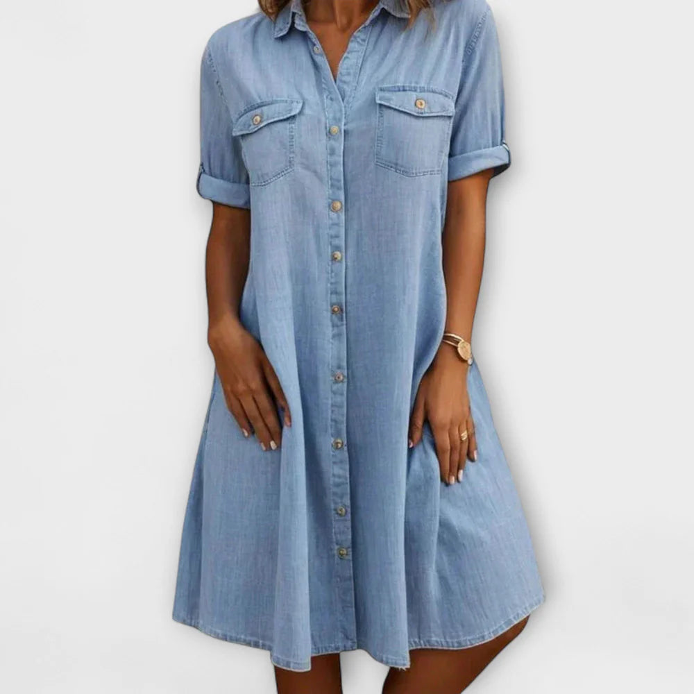 Chloe – Denim Shirt Dress with Button Front and Relaxed A-Line Fit