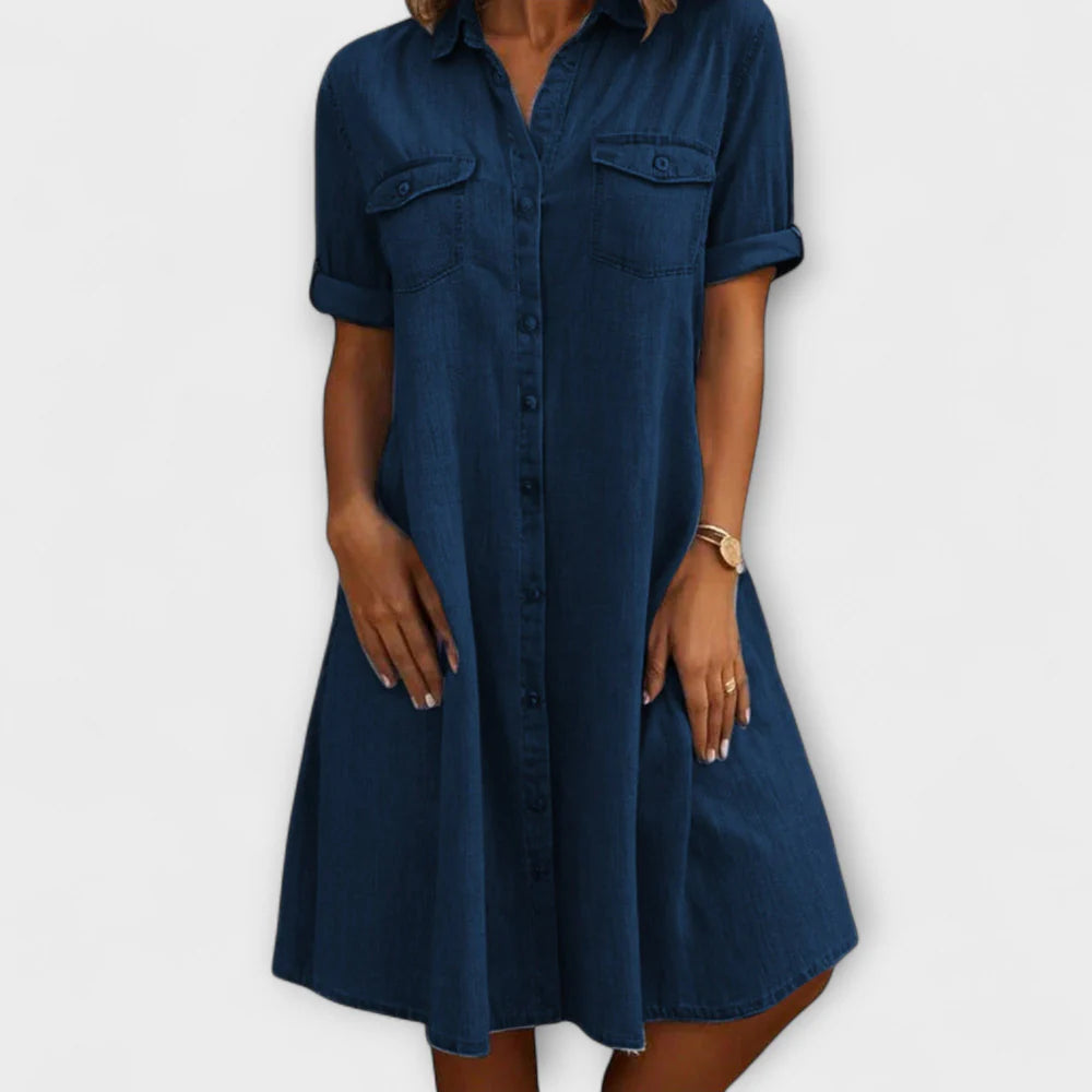 Chloe – Denim Shirt Dress with Button Front and Relaxed A-Line Fit