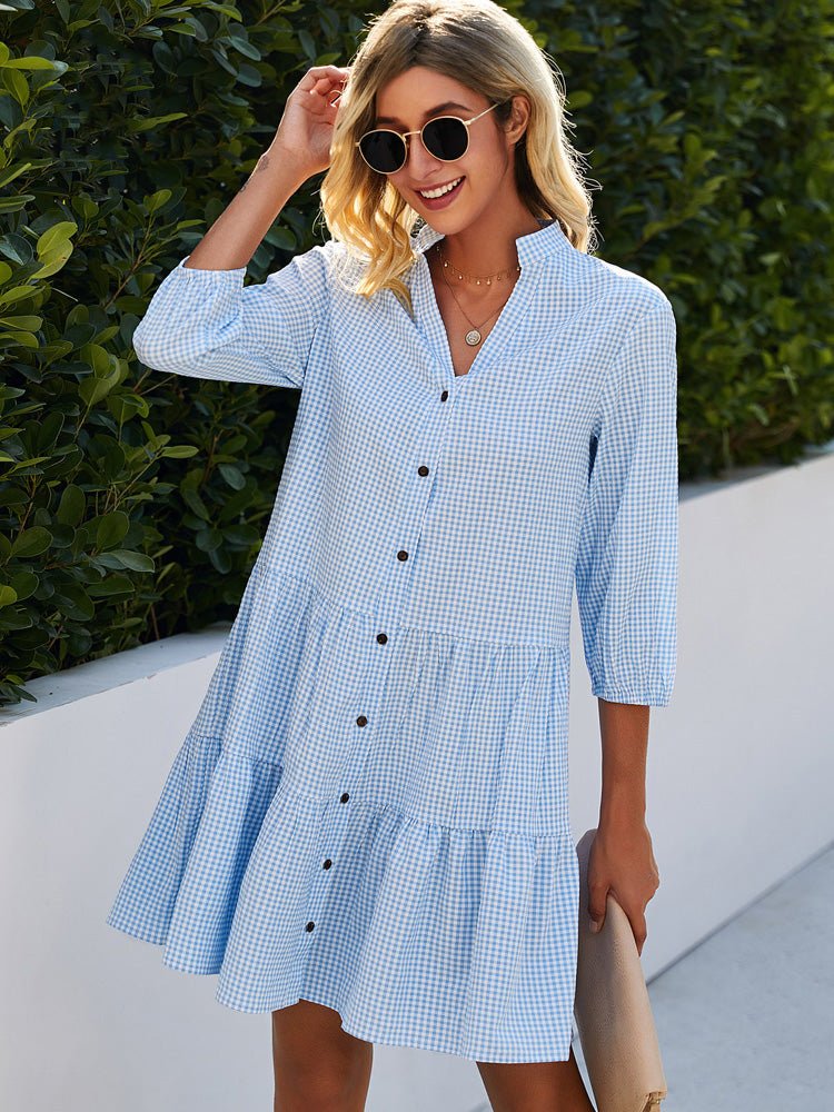 Chloe – Gingham Shirt Dress with Tiered Hem and Mandarin Collar