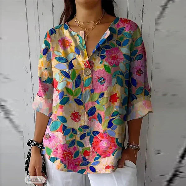 Dahlia – Floral V-Neck Blouse with Rolled Sleeves and Relaxed Fit