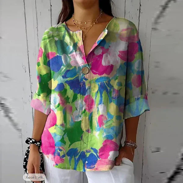 Dahlia – Floral V-Neck Blouse with Rolled Sleeves and Relaxed Fit