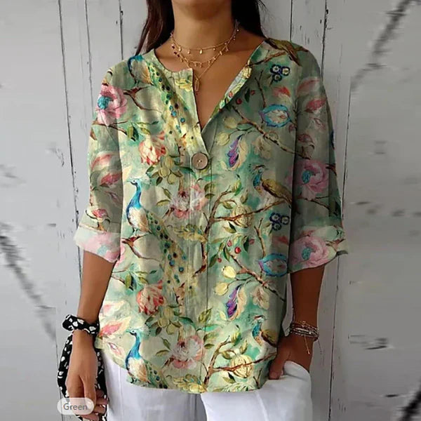 Dahlia – Floral V-Neck Blouse with Rolled Sleeves and Relaxed Fit