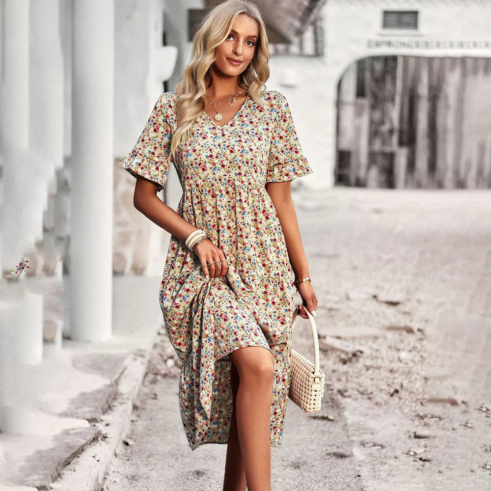Daisy – Floral Midi Dress with Flared Sleeves and V-Neckline