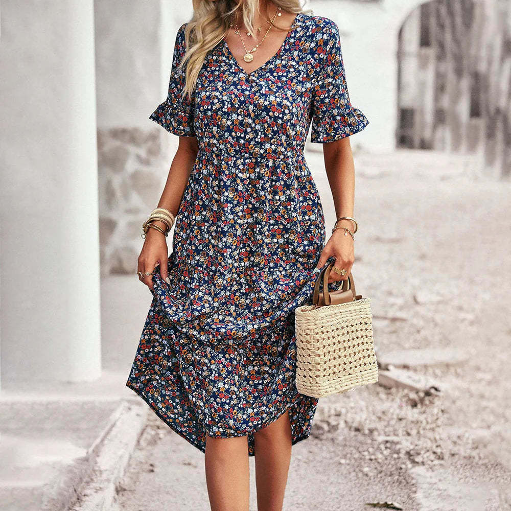 Daisy – Floral Midi Dress with Flared Sleeves and V-Neckline