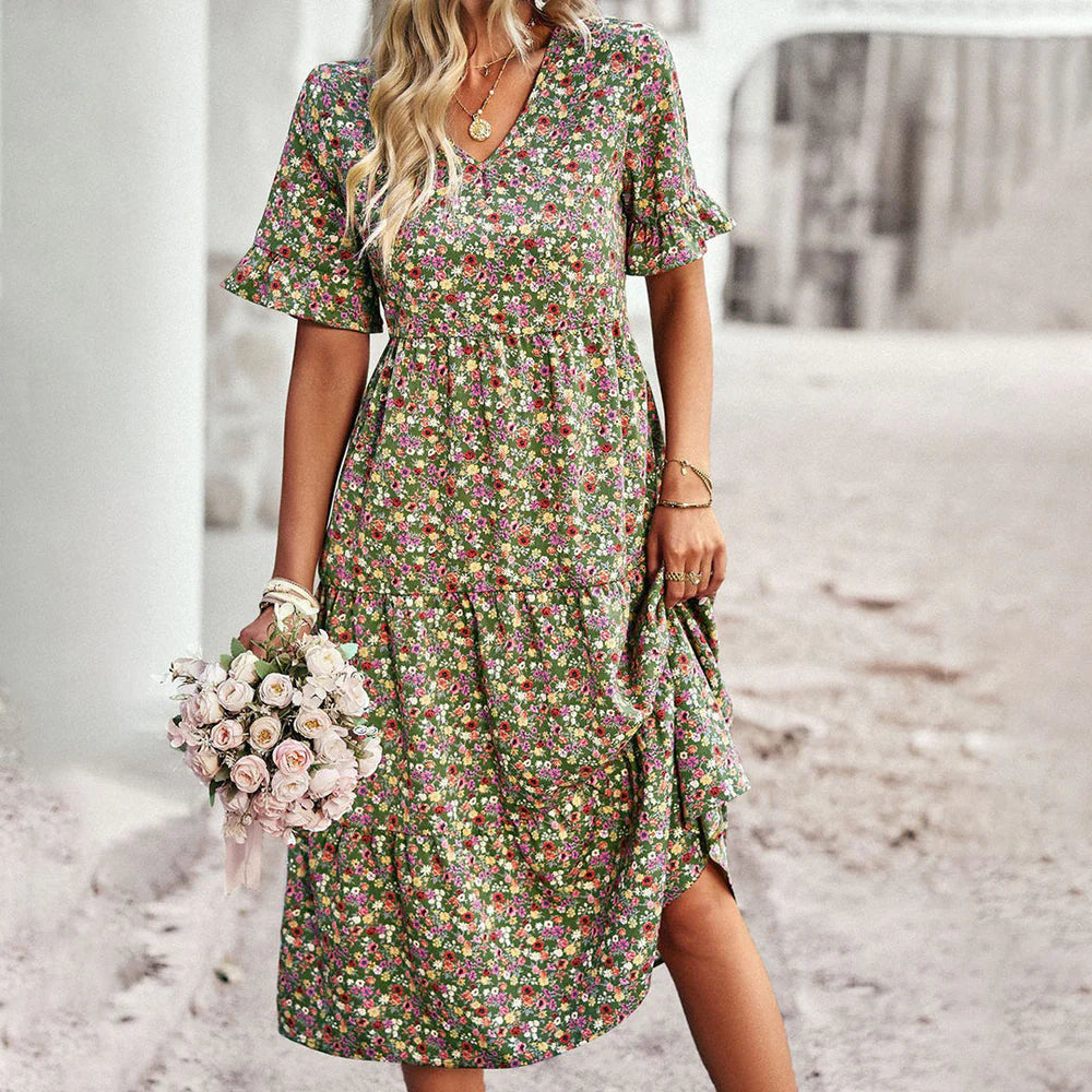 Daisy – Floral Midi Dress with Flared Sleeves and V-Neckline