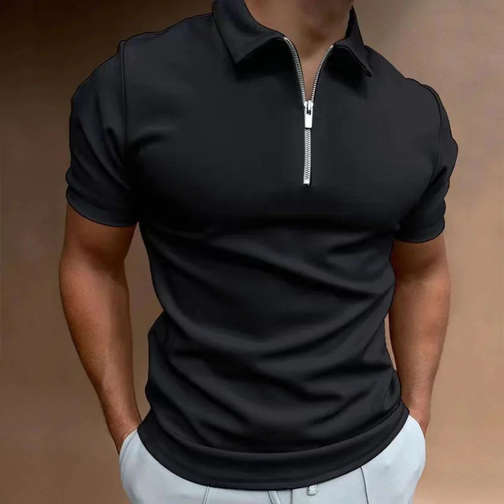 Damien – Short Sleeve Polo Shirt with Zip Collar and Athletic Fit