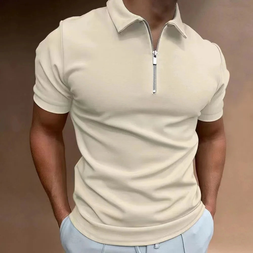 Damien – Short Sleeve Polo Shirt with Zip Collar and Athletic Fit