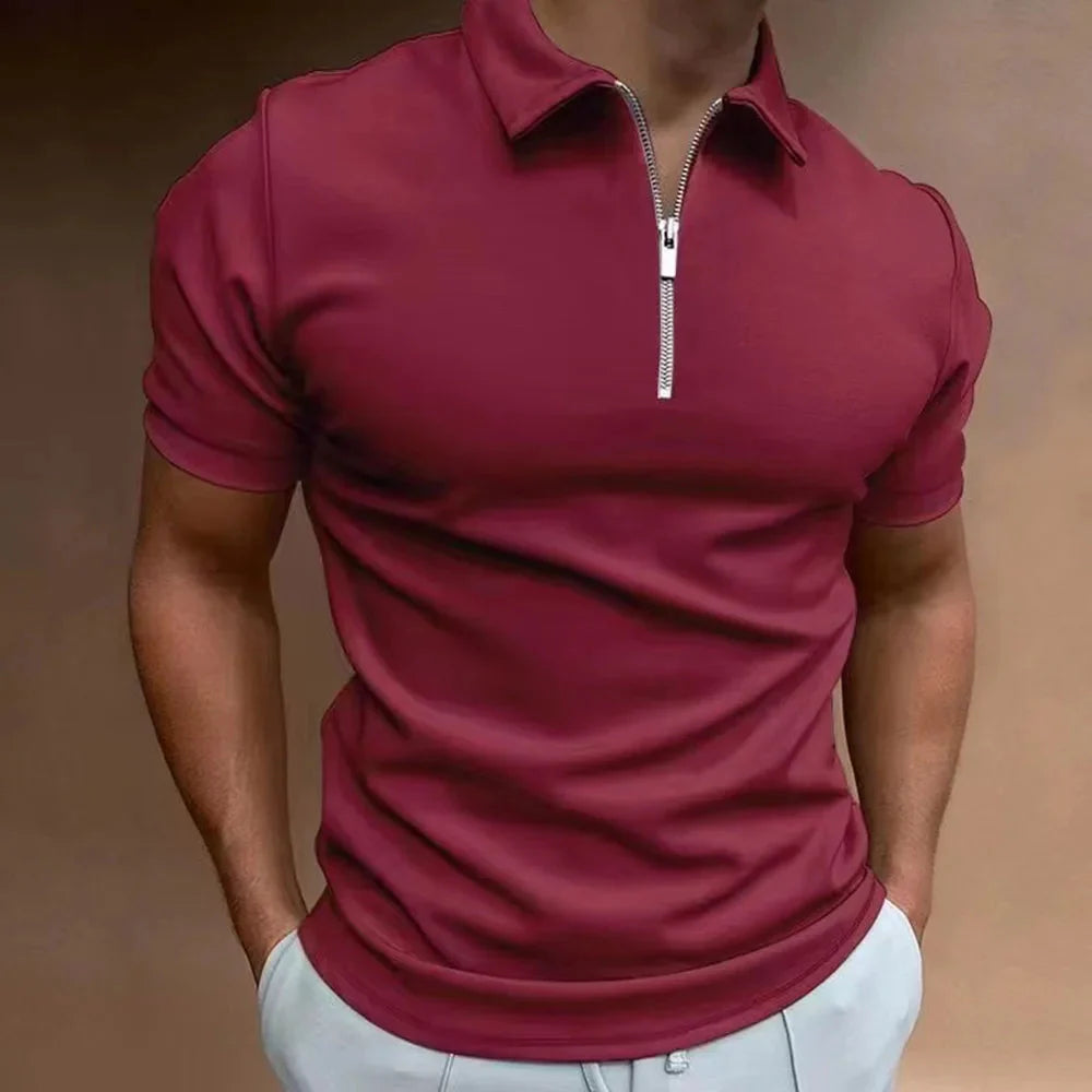 Damien – Short Sleeve Polo Shirt with Zip Collar and Athletic Fit