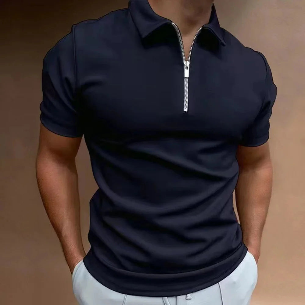 Damien – Short Sleeve Polo Shirt with Zip Collar and Athletic Fit