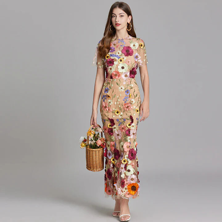 Daphne – Floral Lace Overlay Dress with Cap Sleeves