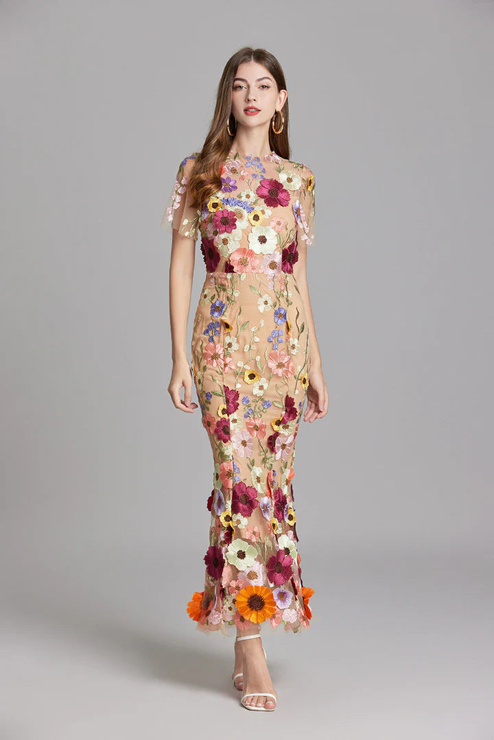 Daphne – Floral Lace Overlay Dress with Cap Sleeves