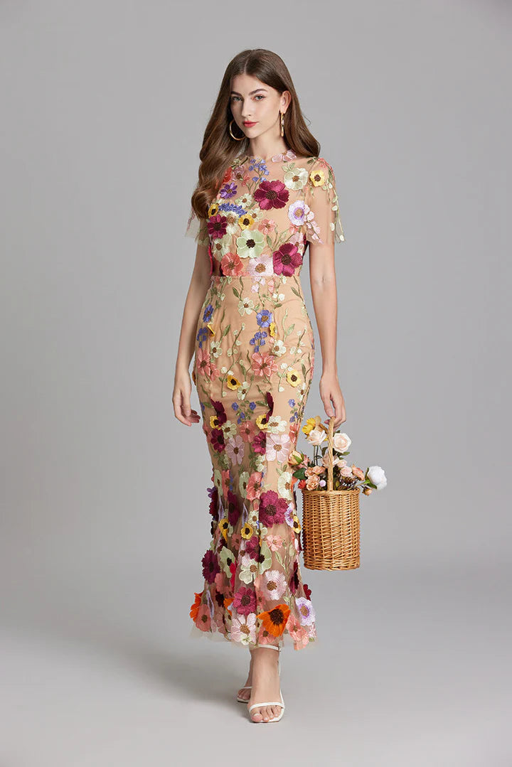 Daphne – Floral Lace Overlay Dress with Cap Sleeves