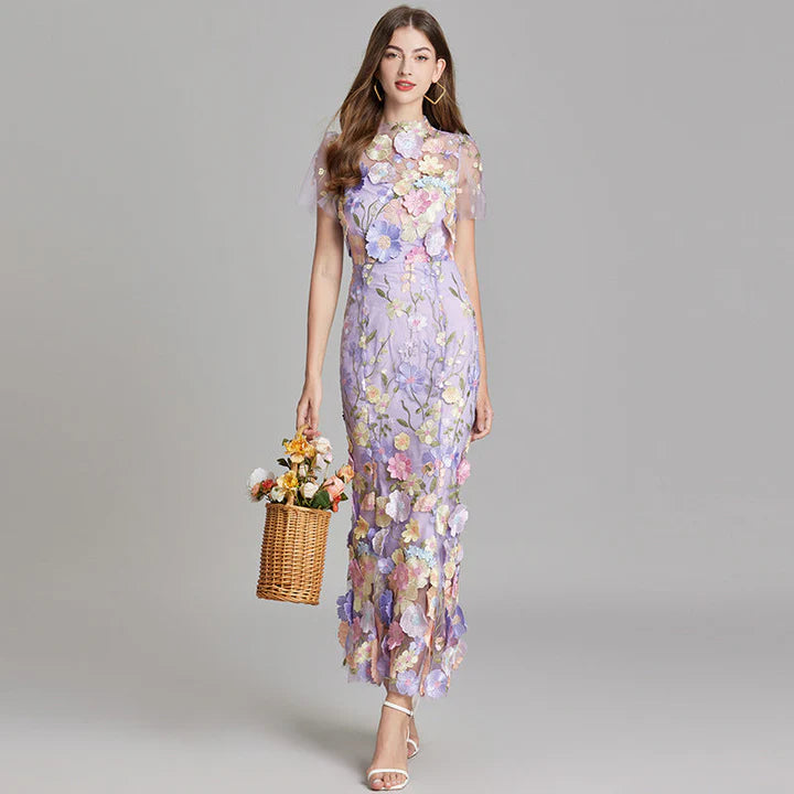 Daphne – Floral Lace Overlay Dress with Cap Sleeves