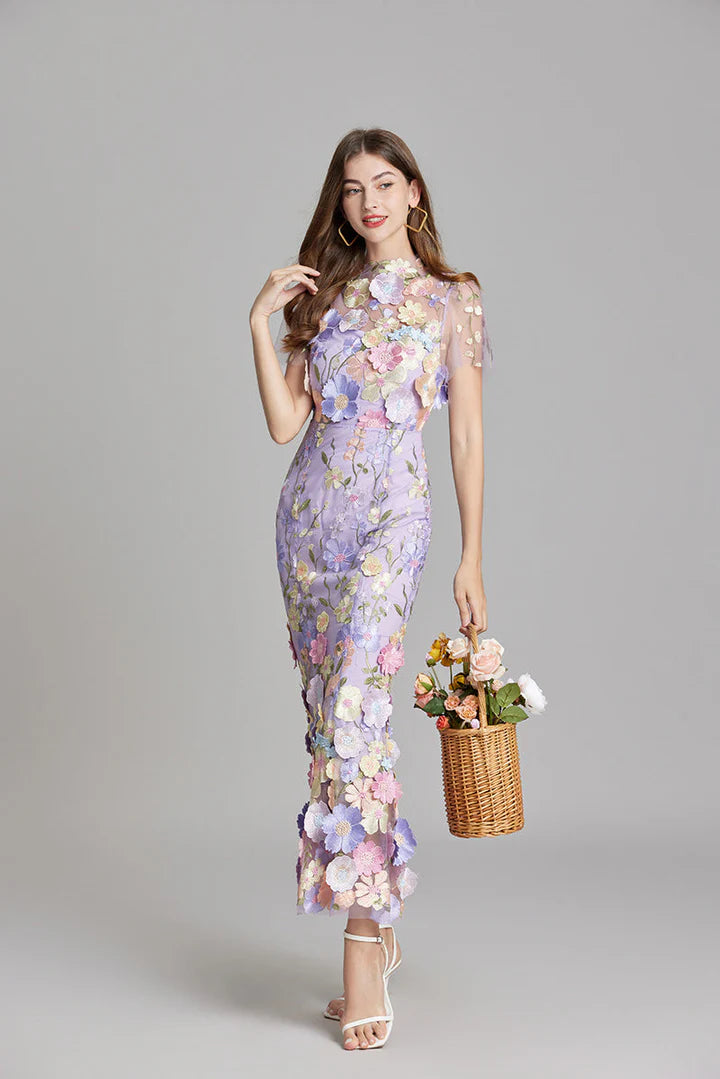 Daphne – Floral Lace Overlay Dress with Cap Sleeves