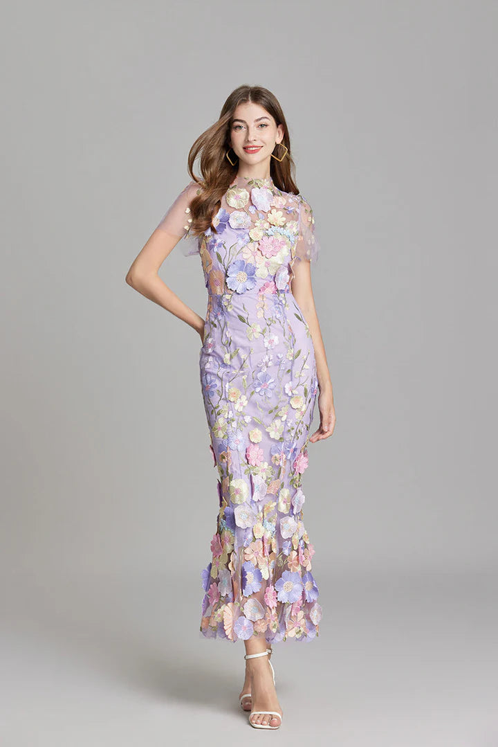 Daphne – Floral Lace Overlay Dress with Cap Sleeves