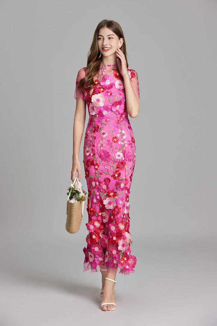 Daphne – Floral Lace Overlay Dress with Cap Sleeves