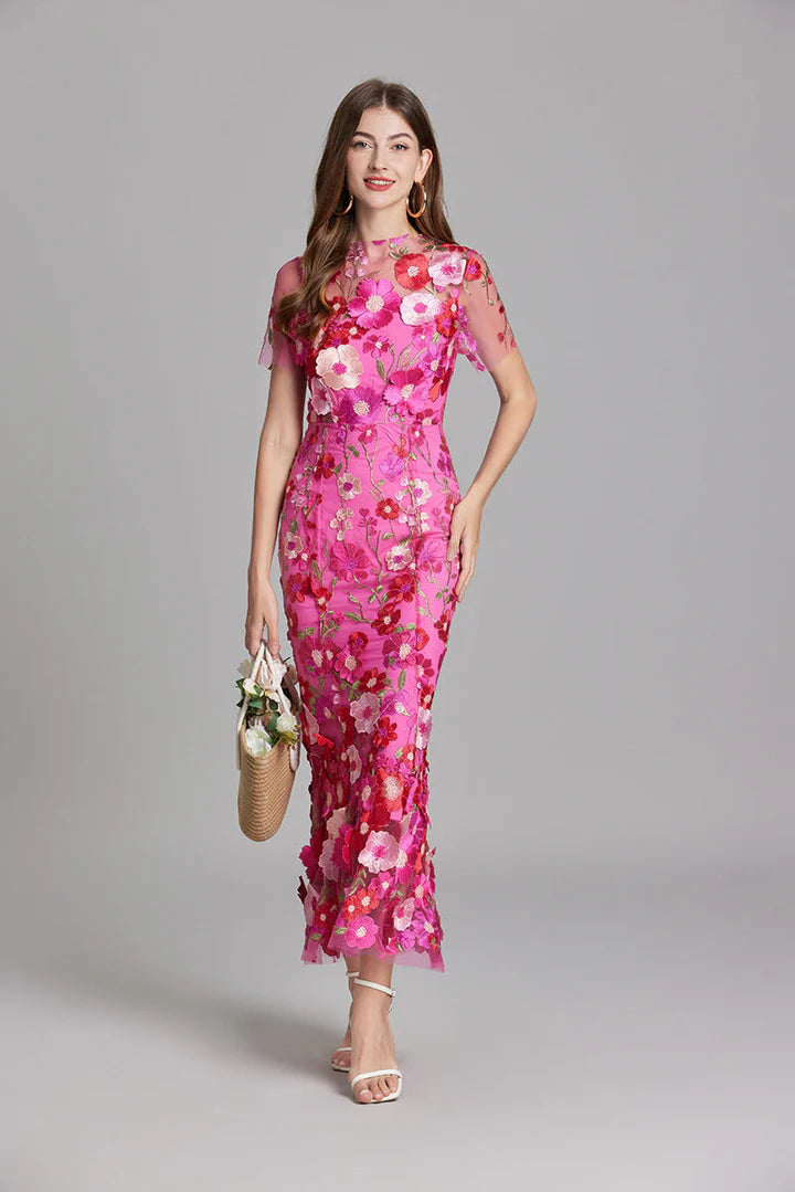 Daphne – Floral Lace Overlay Dress with Cap Sleeves