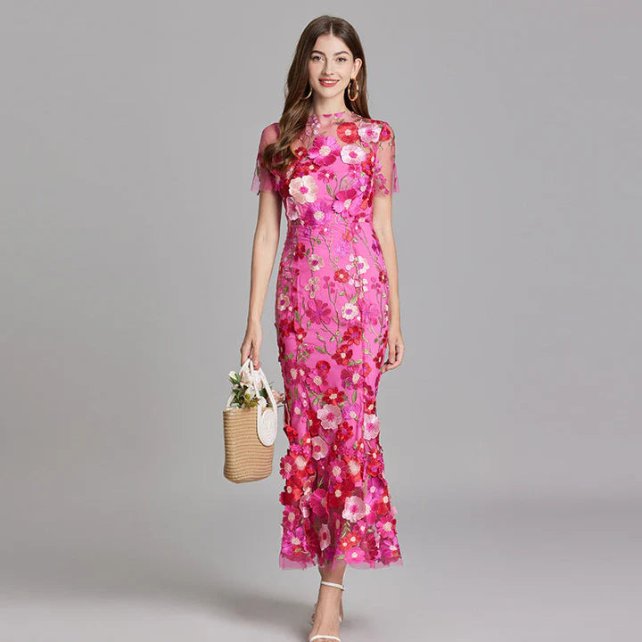 Daphne – Floral Lace Overlay Dress with Cap Sleeves