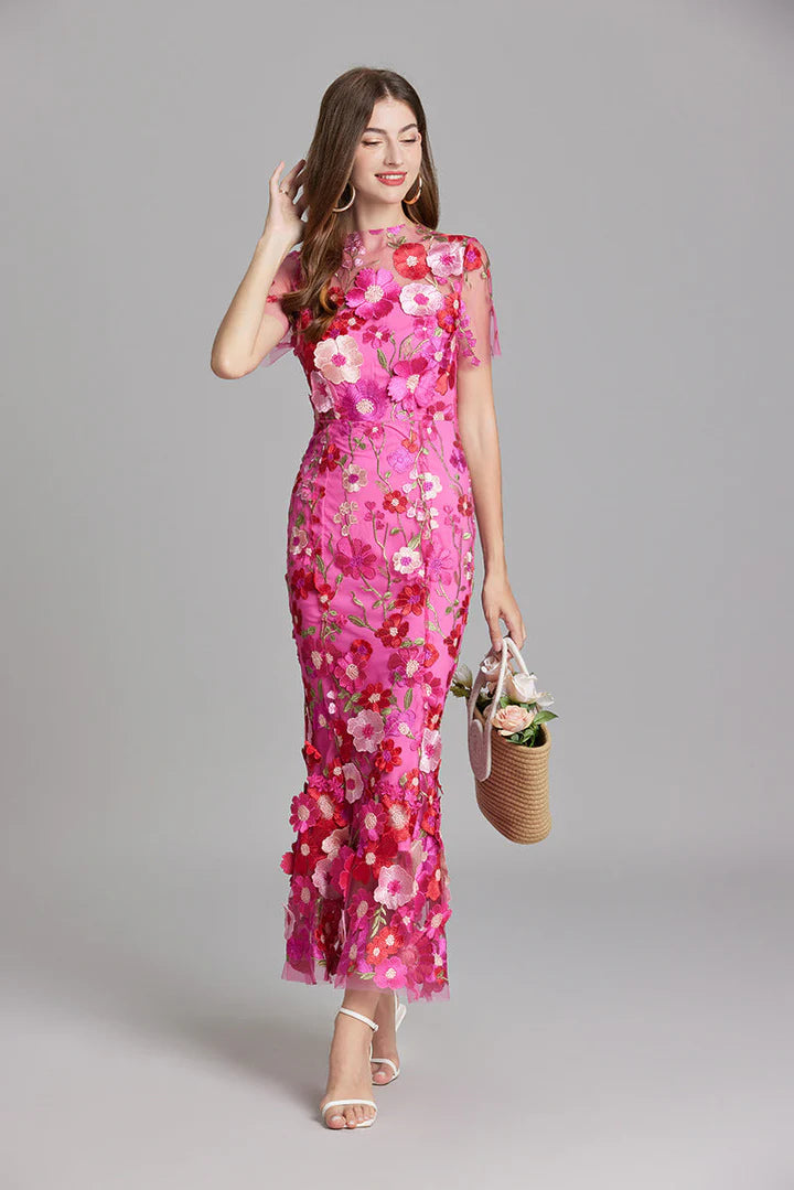Daphne – Floral Lace Overlay Dress with Cap Sleeves